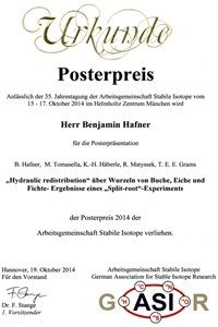 Die Urkunde zum Posterpreis 2014 an Benjamin Hafner